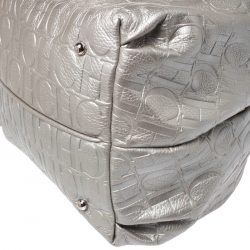 Pre Owned Carolina Herrera Metallic Silver Embossed Leather Bow Bucket Shoulder Bag