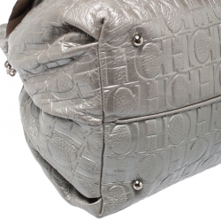 Pre Owned Carolina Herrera Metallic Silver Embossed Leather Bow Bucket Shoulder Bag