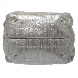 Pre Owned Carolina Herrera Metallic Silver Embossed Leather Bow Bucket Shoulder Bag