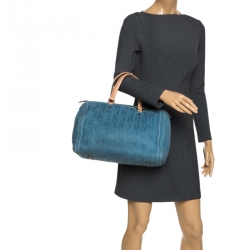 Carolina Herrera Light Blue Monogram Leather Large Andy Boston Bag