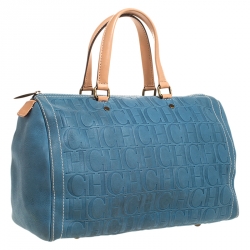 Carolina Herrera Light Blue Monogram Leather Large Andy Boston Bag