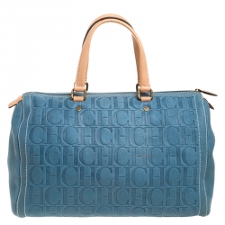 Carolina Herrera Light Blue Monogram Leather Large Andy Boston Bag