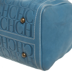 Carolina Herrera Light Blue Monogram Leather Large Andy Boston Bag