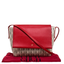 Pre Owned Carolina Herrera Beige/Red Monogram Coated Canvas Flap Crossbody Bag