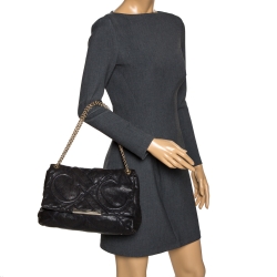 Pre Owned Carolina Herrera Navy Blue Leather Flap Shoulder Bag