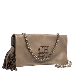 Pre Owned Carolina Herrera Beige Perforated Logo Leather Flap Tassel Shoulder Bag