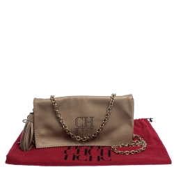 Pre Owned Carolina Herrera Beige Perforated Logo Leather Flap Tassel Shoulder Bag