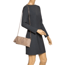 Pre Owned Carolina Herrera Beige Perforated Logo Leather Flap Tassel Shoulder Bag