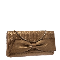 Pre Owned Carolina Herrera Gold Monogram Embossed Leather Bow Shoulder Bag