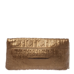 Pre Owned Carolina Herrera Gold Monogram Embossed Leather Bow Shoulder Bag