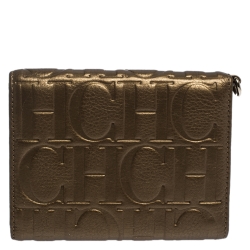 Pre Owned Carolina Herrera Metallic Gold Leather Gigi Trifold Wallet