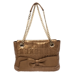 Pre Owned Carolina Herrera Metallic Gold Monogram Leather Audrey Shoulder Bag