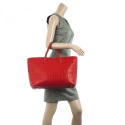 Pre Owned Carolina Herrera Red Embossed Leather Shopping Collection Tote