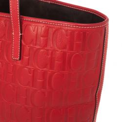 Pre Owned Carolina Herrera Red Embossed Leather Shopping Collection Tote