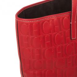 Pre Owned Carolina Herrera Red Embossed Leather Shopping Collection Tote