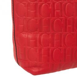 Pre Owned Carolina Herrera Red Embossed Leather Shopping Collection Tote