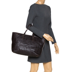 Pre Owned Carolina Herrera Dark Brown Monogram Embossed Leather Tote