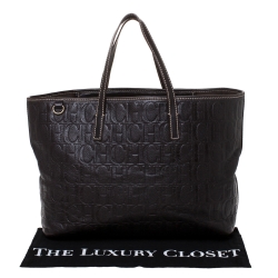Pre Owned Carolina Herrera Dark Brown Monogram Embossed Leather Tote