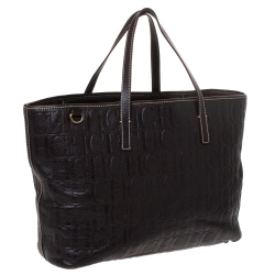 Pre Owned Carolina Herrera Dark Brown Monogram Embossed Leather Tote
