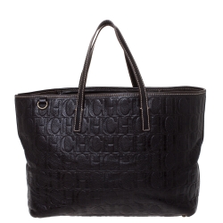 Pre Owned Carolina Herrera Dark Brown Monogram Embossed Leather Tote