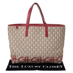Pre Owned Carolina Herrera Beige/Red Monogram Canvas and Leather Logo Patch Tote