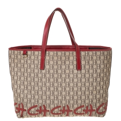 Pre Owned Carolina Herrera Beige/Red Monogram Canvas and Leather Logo Patch Tote