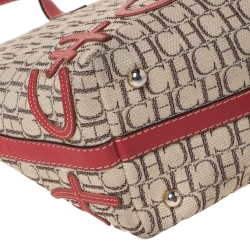 Pre Owned Carolina Herrera Beige/Red Monogram Canvas and Leather Logo Patch Tote