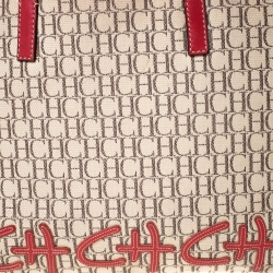 Pre Owned Carolina Herrera Beige/Red Monogram Canvas and Leather Logo Patch Tote