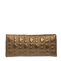 Pre Owned Carolina Herrera Gold Monogram Leather Flap Clutch