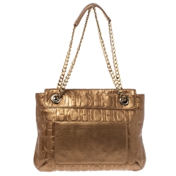 Pre Owned Carolina Herrera Gold Monogram Leather Audrey Shoulder Bag