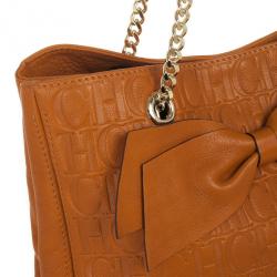 Pre Owned Carolina Herrera Orange Monogram Embossed Bow "New Anna" Tote