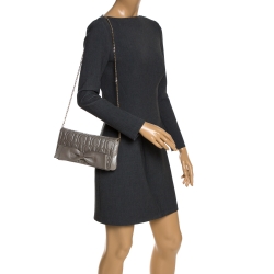 Pre Owned Carolina Herrera Silver Monogram Leather Bow Chain Clutch