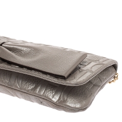 Pre Owned Carolina Herrera Silver Monogram Leather Bow Chain Clutch