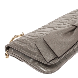 Pre Owned Carolina Herrera Silver Monogram Leather Bow Chain Clutch