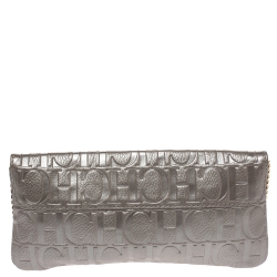 Pre Owned Carolina Herrera Silver Monogram Leather Bow Chain Clutch