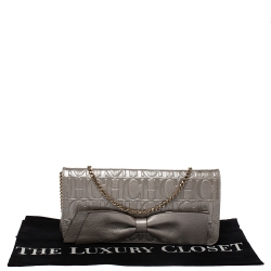 Pre Owned Carolina Herrera Silver Monogram Leather Bow Chain Clutch