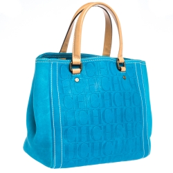 Pre Owned Carolina Herrera Blue Monogram Embossed Leather Tote