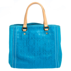 Pre Owned Carolina Herrera Blue Monogram Embossed Leather Tote