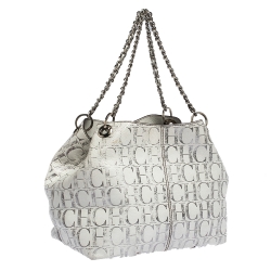 Pre Owned Carolina Herrera White/Silver Monogram Embossed Leather Chain Tote