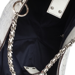 Pre Owned Carolina Herrera White/Silver Monogram Embossed Leather Chain Tote