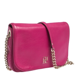 Pre Owned Carolina Herrera Magenta Leather Flap Shoulder Bag