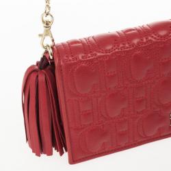 Pre Owned Carolina Herrera Red Leather Embossed Tassel Chain Clutch