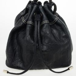 Pre Owned Carolina Herrera Black Embossed Logo Drawstring Shoulder Bag