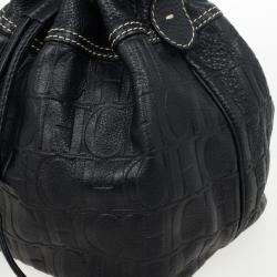 Pre Owned Carolina Herrera Black Embossed Logo Drawstring Shoulder Bag