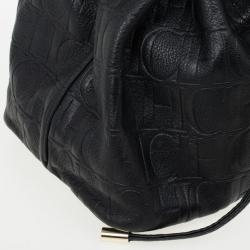 Pre Owned Carolina Herrera Black Embossed Logo Drawstring Shoulder Bag