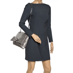 Pre Owned Carolina Herrera Grey Monogram Embossed Leather Audrey Shoulder Bag