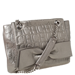 Pre Owned Carolina Herrera Grey Monogram Embossed Leather Audrey Shoulder Bag