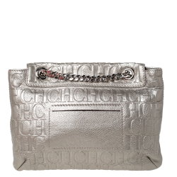 Pre Owned Carolina Herrera Grey Monogram Embossed Leather Audrey Shoulder Bag