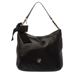 Pre Owned Carolina Herrera Black Leather Bow Zip Hobo