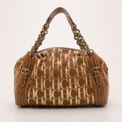 Pre Owned Carolina Herrera Brown and Gold Perforated Handbag